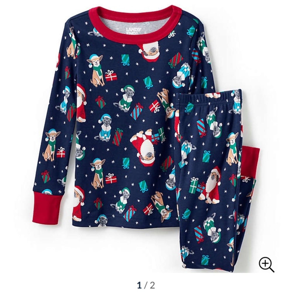 Lands end snug fit cotton long sleeve deep sea navy holiday dog cat Christmas 14